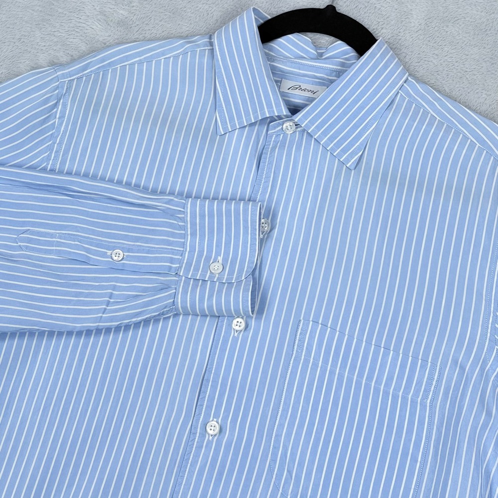 Brioni 100% Silk Button Down Dress Shirt Mens Large Blue White Striped Italy